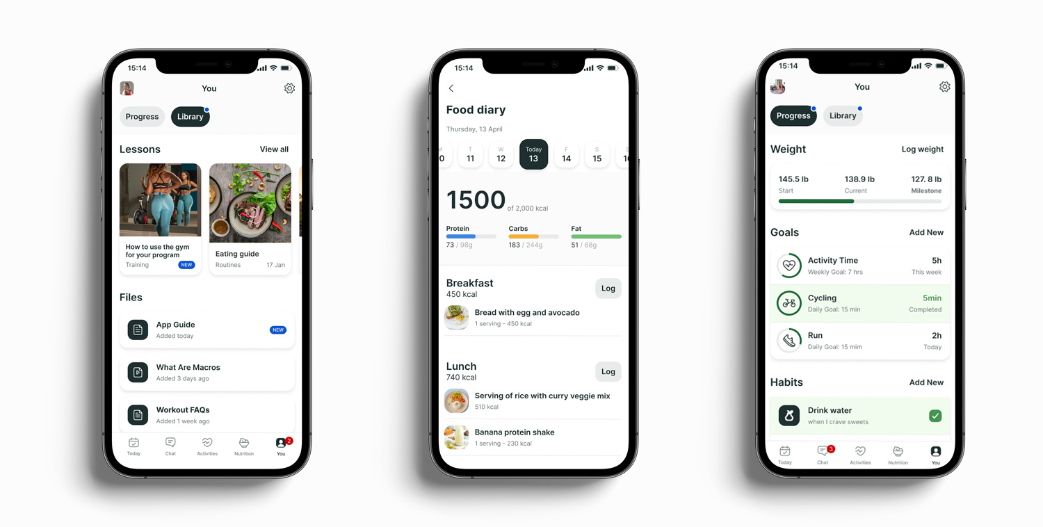 A mockup of the coaching app showcasing the different features.